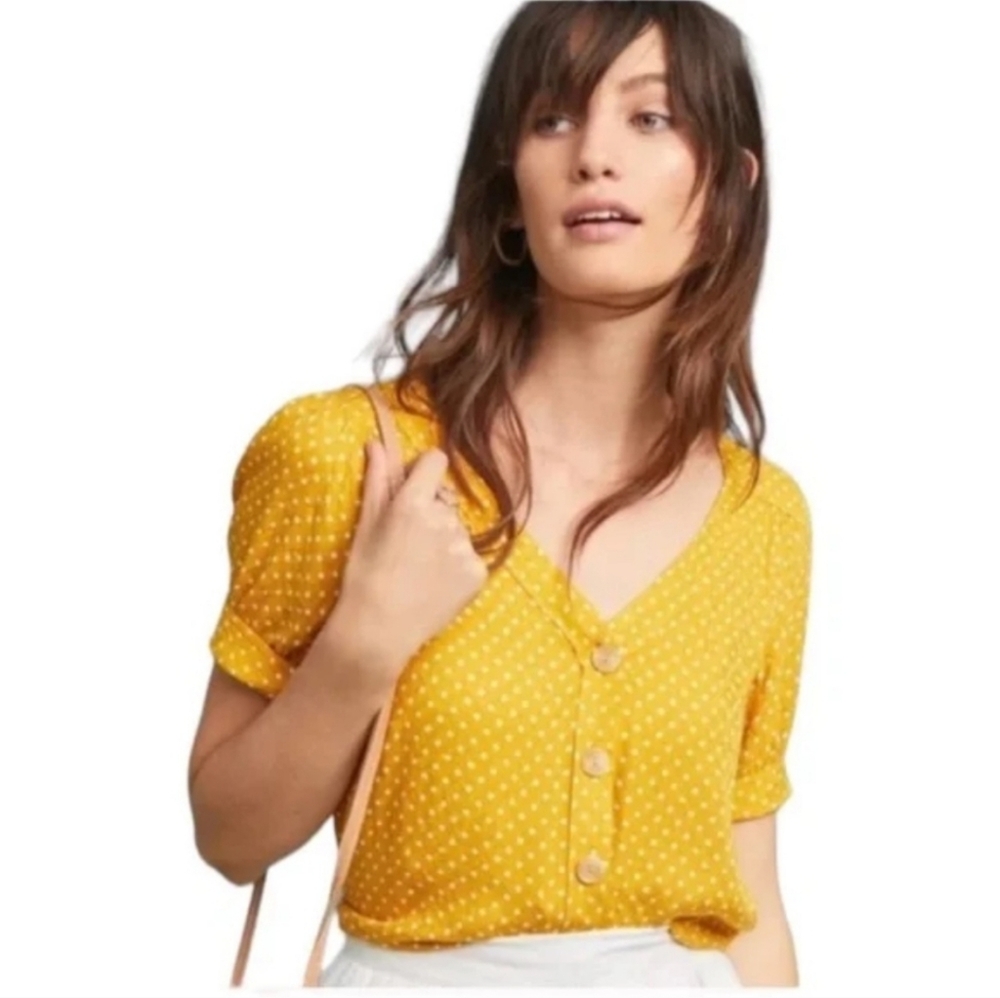 Anthropologie Maeve Hensley Top Blouse Mustard Yellow Polka Dot Button Up Sz 4
